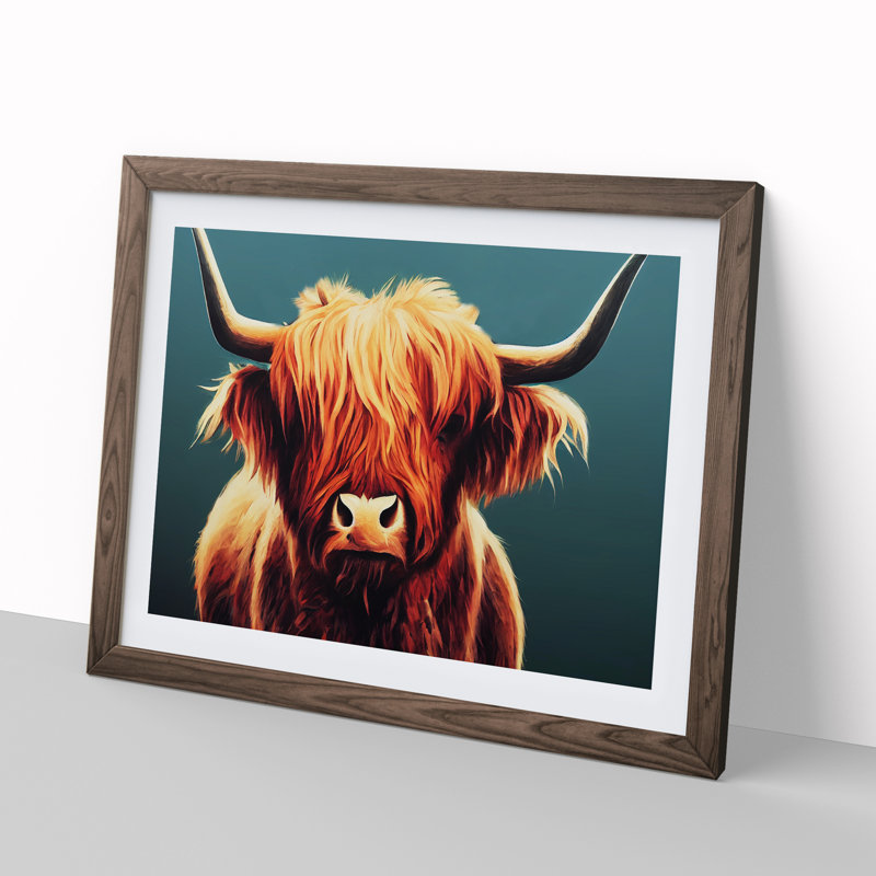 Highland Cow Portrait Vol.2 - Single Picture Frame Print, 25cm H x 34cm W x 2cm D, Walnut