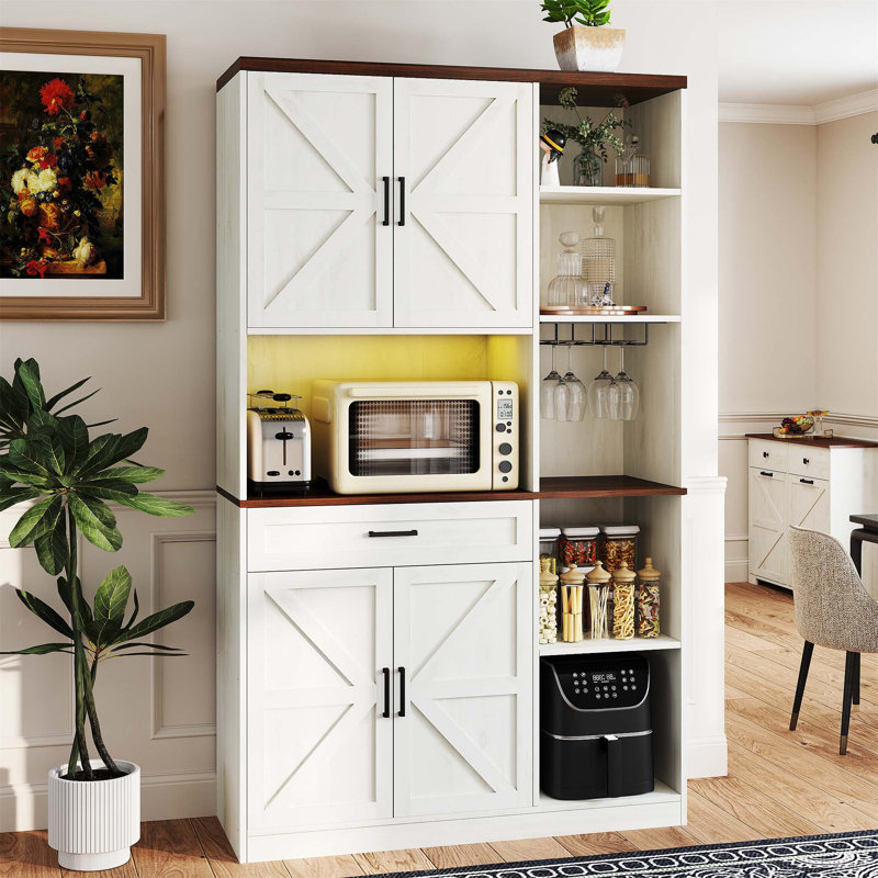 Vitrine autoportante de 51,2 po avec 2 tiroirs de rangement, garde-manger avec portes en verre et éclairage DEL, armoire vitrée avec tablettes réglables à 4 niveaux pour les espaces de vie modernes - noyer