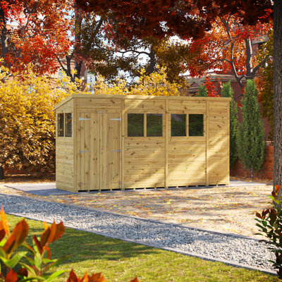 Powersheds 14 x 4ft Premium Pressure Treated Timber Pent Garden Shed, Double Doors