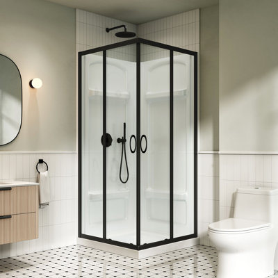 Breeze Square 36 in. L x 36 in. W x 75.63 in. H Corner Shower Kit in Matte Black, Clear Sliding Doors, Acrylic Walls, and Pan