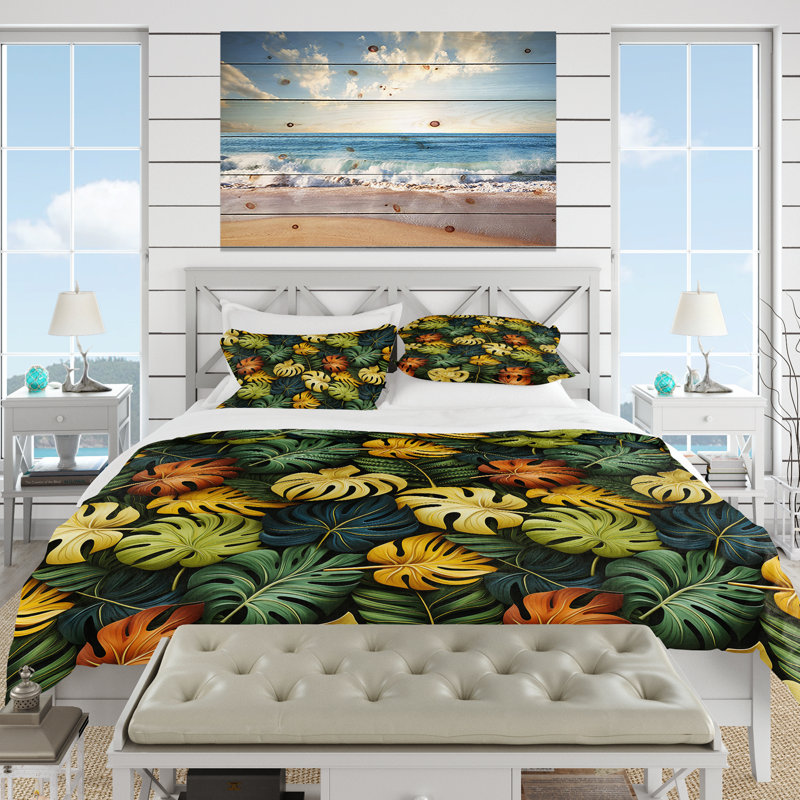 Monstera Magic Tropical Pattern II Duvet Cover, Queen Duvet Cover + 2 Standard Shams