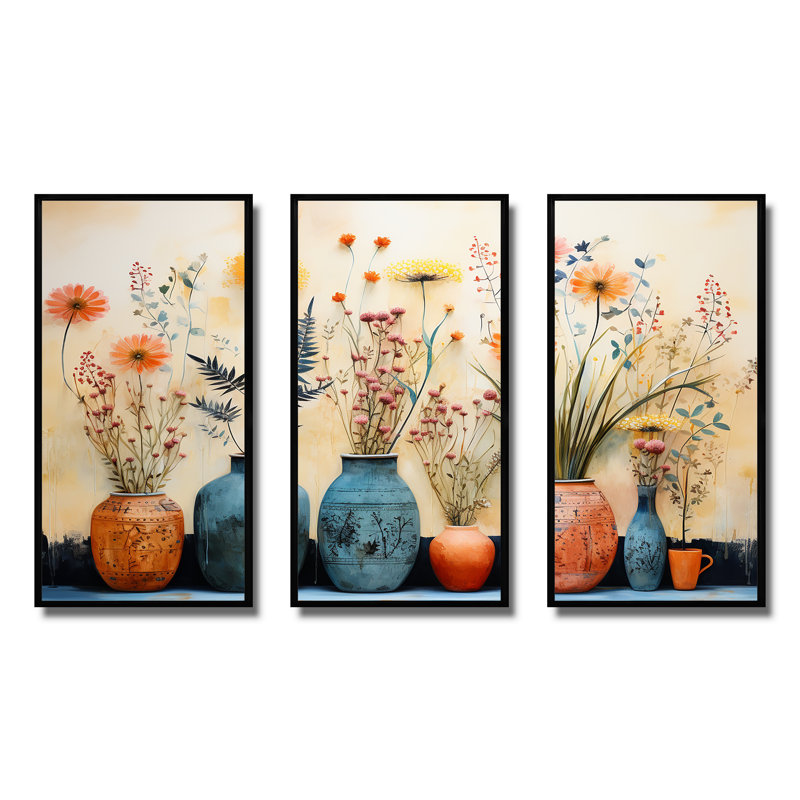 «Blue Floral Watercolor Pottery IV - Boho Pottery», art mural, H 28 po x l 36 po x P 1 po, Cadre flottant noir