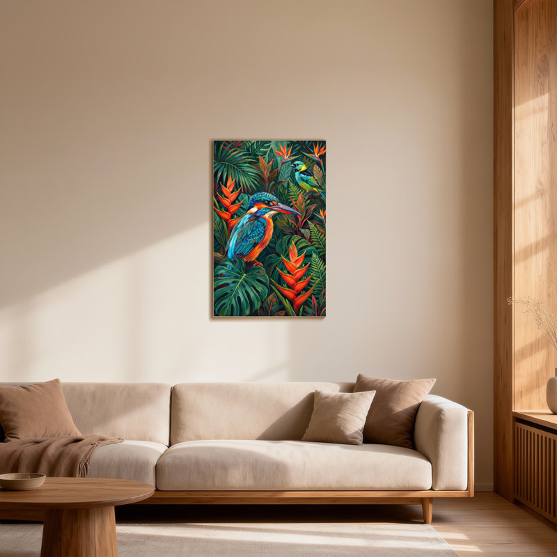 Animaux, oiseaux tropicaux au milieu d'une verdure luxuriante et de fleurs vibrantes, H 12 po x l 18 po