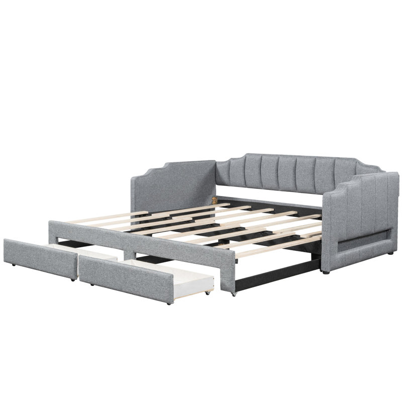 Lit de jour extensible simple rembourré TG très grand avec tiroirs de rangement à DEL, gris, ajout de valeur aux tiroirs gris 7 pièces - Système de couleurs, cadre