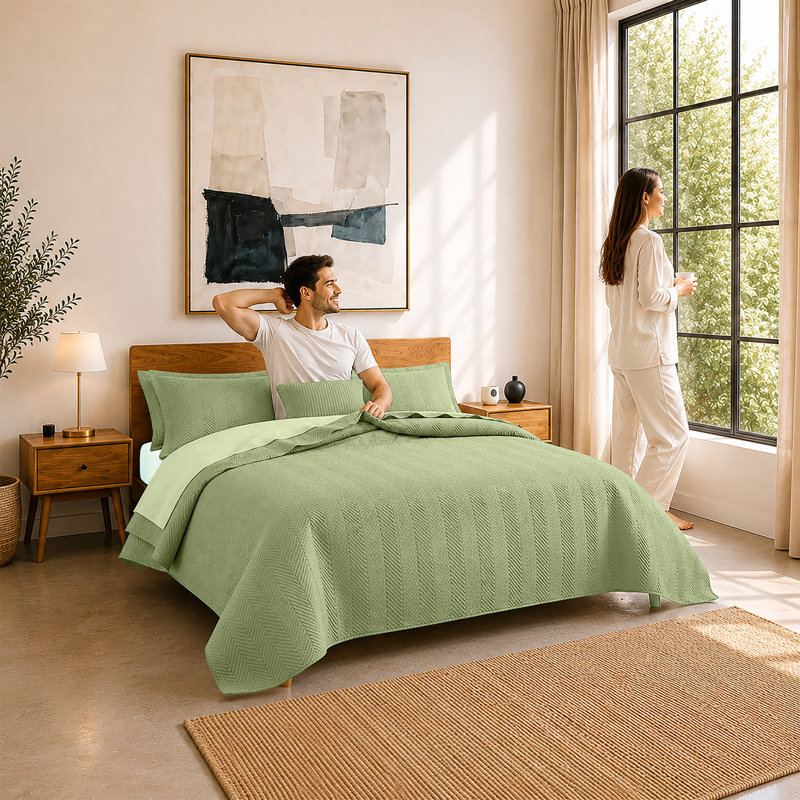 Ensemble de couvre-lit d'été léger, Lit simple, Vert olive