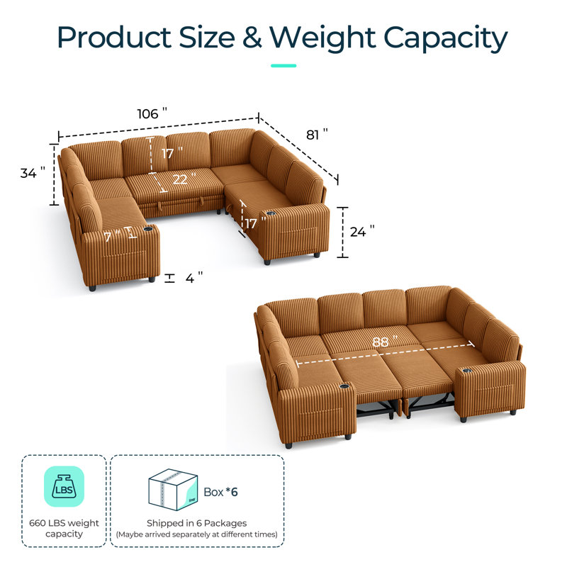 Sherry 106" Upholstered Modular Sleeper U-shape Sectional with Storage, USB Charging & Cup Holders, Soren Brown Corduroy