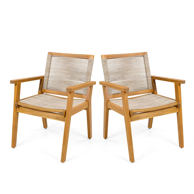 Ensemble de 2 chaises de salle à manger d'extérieur, structure en bois au fini teck et corde brune, style cour naturelle, capacité de 400 lb