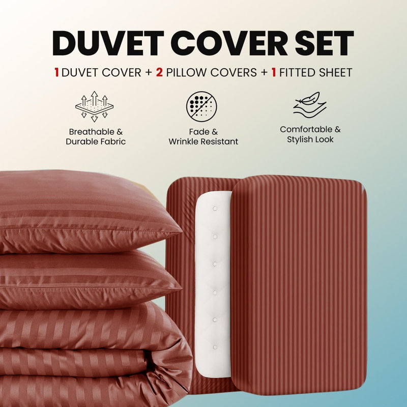 Striped Duvet Cover Set, Double Duvet Cover + 3 Additional Pieces, Brown 