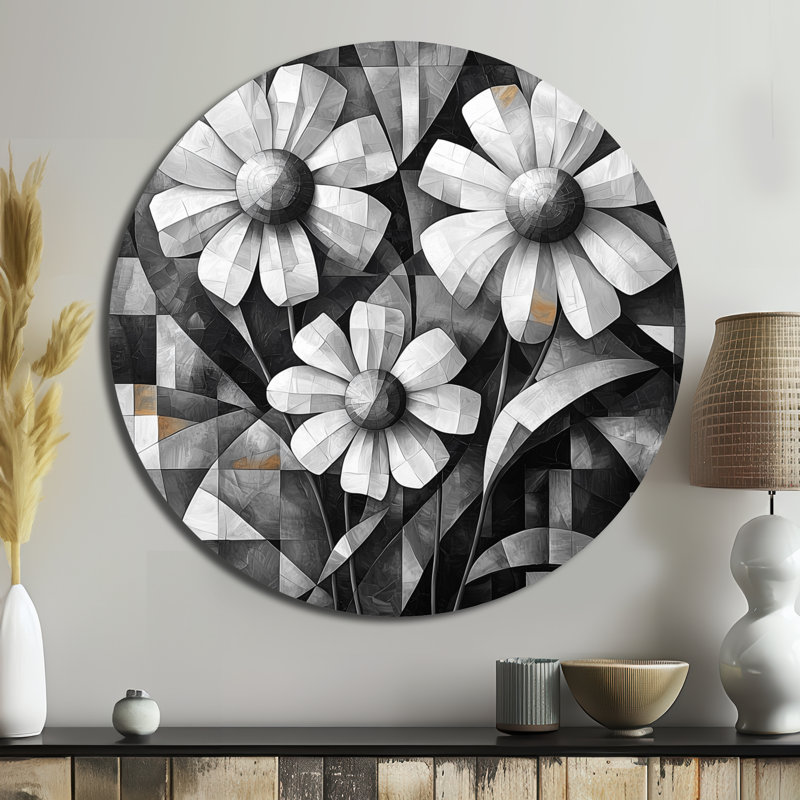 Fleurs délicates géométriques monochromes - Art mural rond en métal Wildflowers, H 29 po x l 29 po