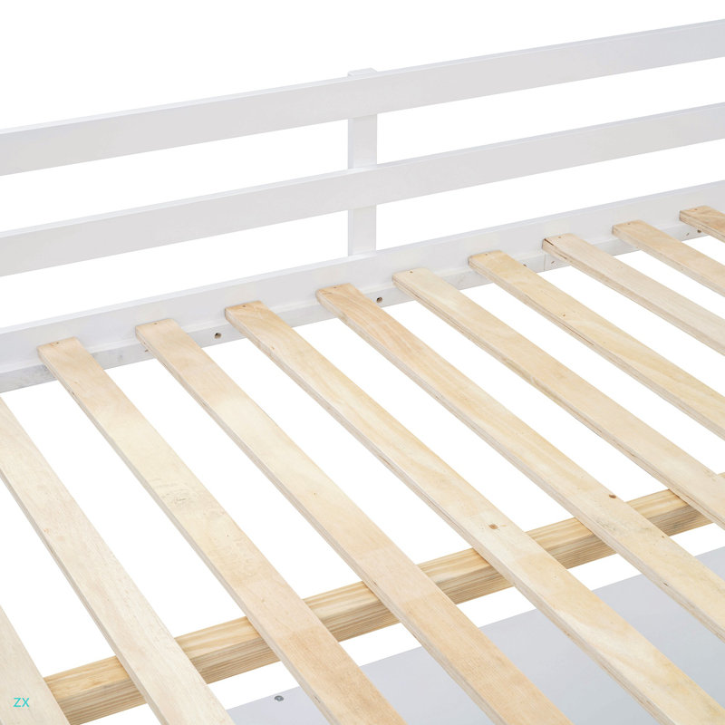 Lit mezzanine double en bois avec bureau en U, compartiments de rangement et miroir à trois volets