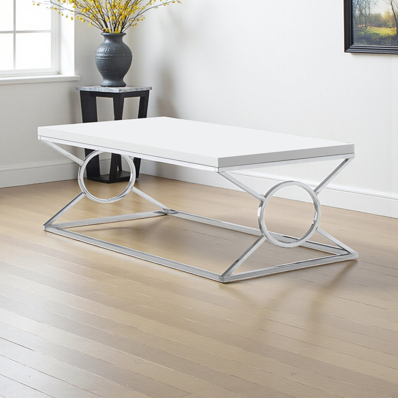 Ajani Glossy White Chrome Metal X-Leg Accent Coffee Table, 18.23" H X 43.75" W X 21.89" D