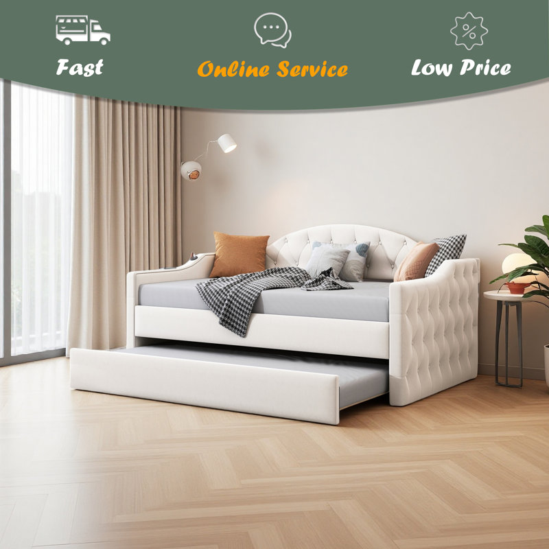 Twin Size Tufted Upholstered Daybed With Trundle, Beige