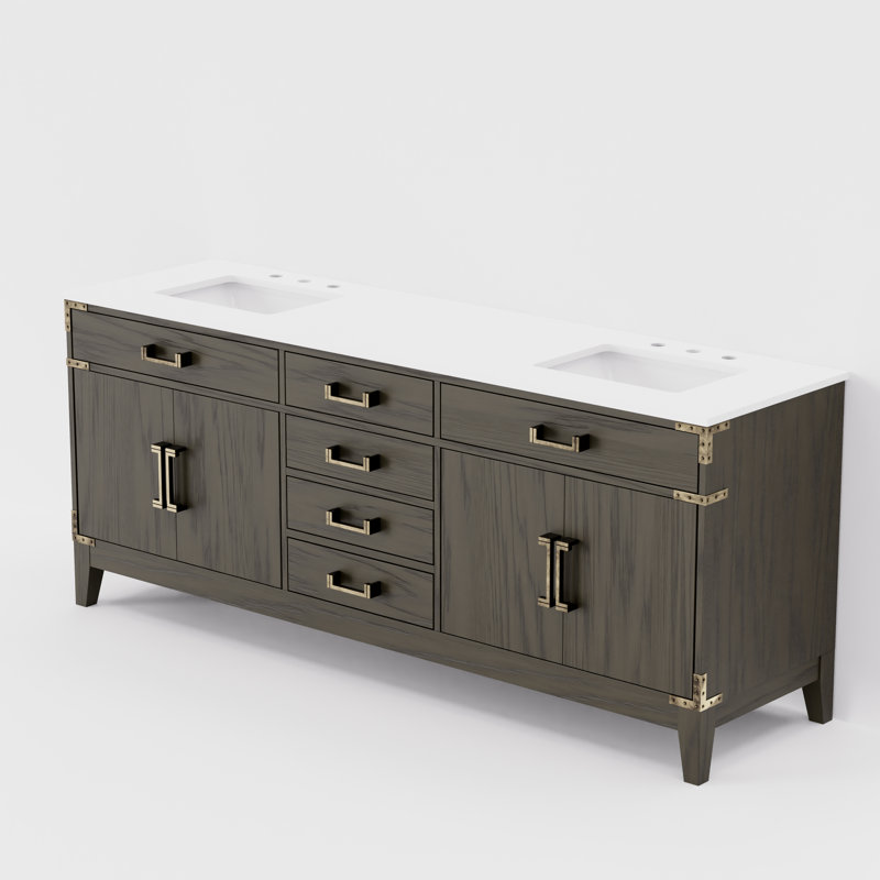 Laurel 80 in W x 22 in D  Double Bath Vanity Top, White Cultured Marble, Brown Oak