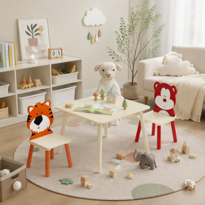 3-Piece Toddler Table & 2 Chairs Set, Wooden Kids Activity Play Table with Bear and Tiger Cartoon Design