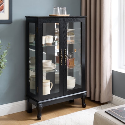 Curio Cabinet With Tempered Glass Doors, Lighted Display Cabinet With Mirrored Back Panel & Adjustable Shelves For Home Or Office (Light Bulb Included)- Black, Sideboard