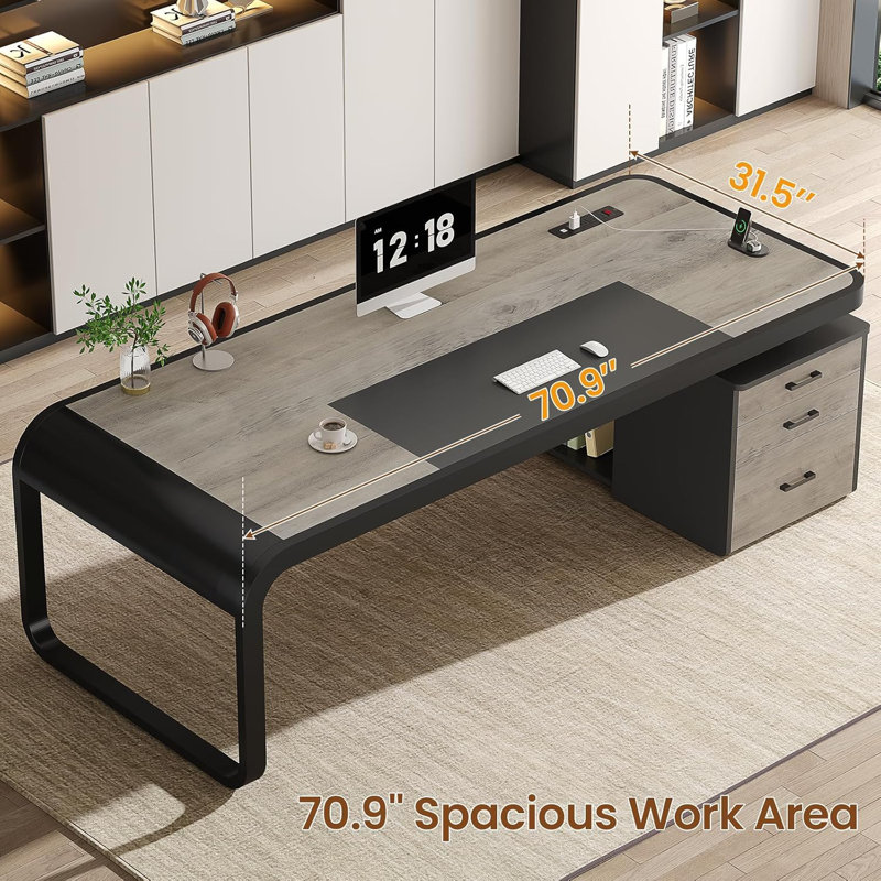 70.9" Executive Desk Large Computer Desk With Drawers And Lateral File Cabinet, Gray