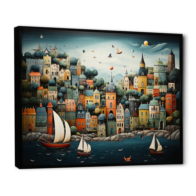 Coastal Dream Harbor Hues - Imprimé, H 30 po x l 40 po x P 1,5 po, Cadre flottant noir