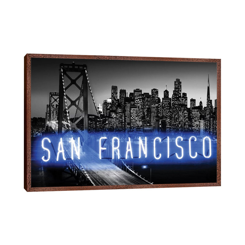 Neon San Francisco Blue On Black by Hailey Carr - Print on Canvas, 66.04 cm H x 45.72 cm W, Classic Brown Wood Framed