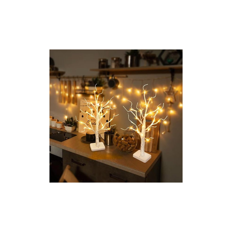 Ensemble de 2 bouleaux éclairés avec 24 lumières DEL blanc chaud, arbres de table artificiels à piles avec minuterie pour Noël, mariages, fêtes et décorations pour la maison