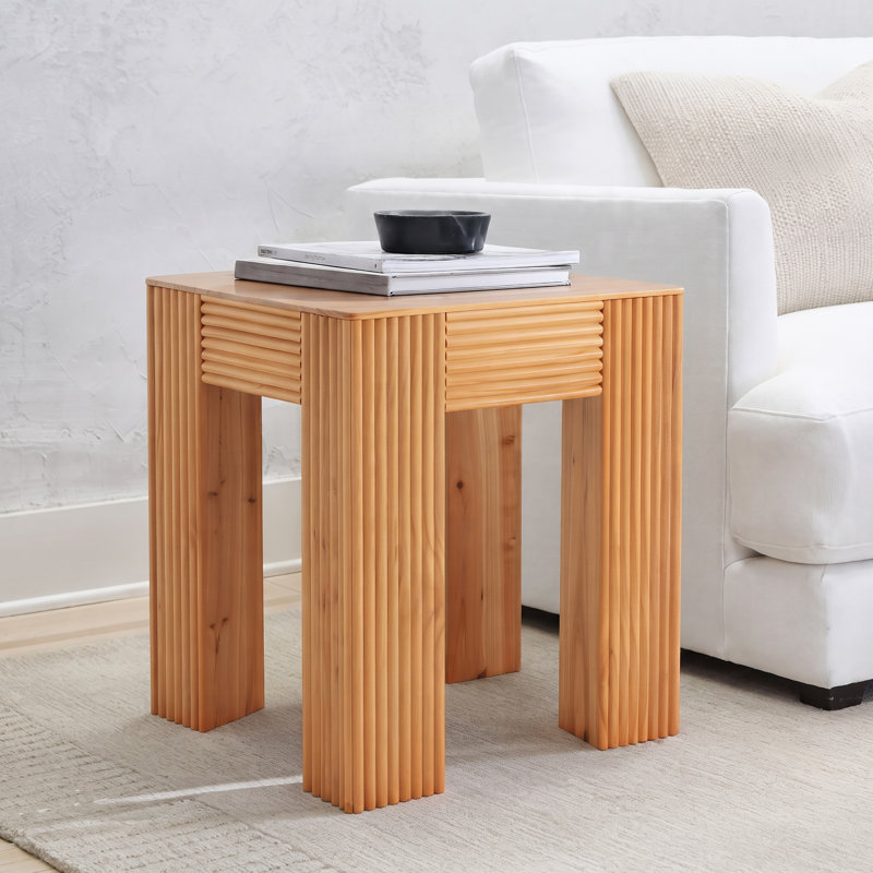 Table d'appoint carrée en bois de pin massif naturel sculpté cannelé avec plateau en éléphant et table de bout pour le salon, la chambre et le petit espace
