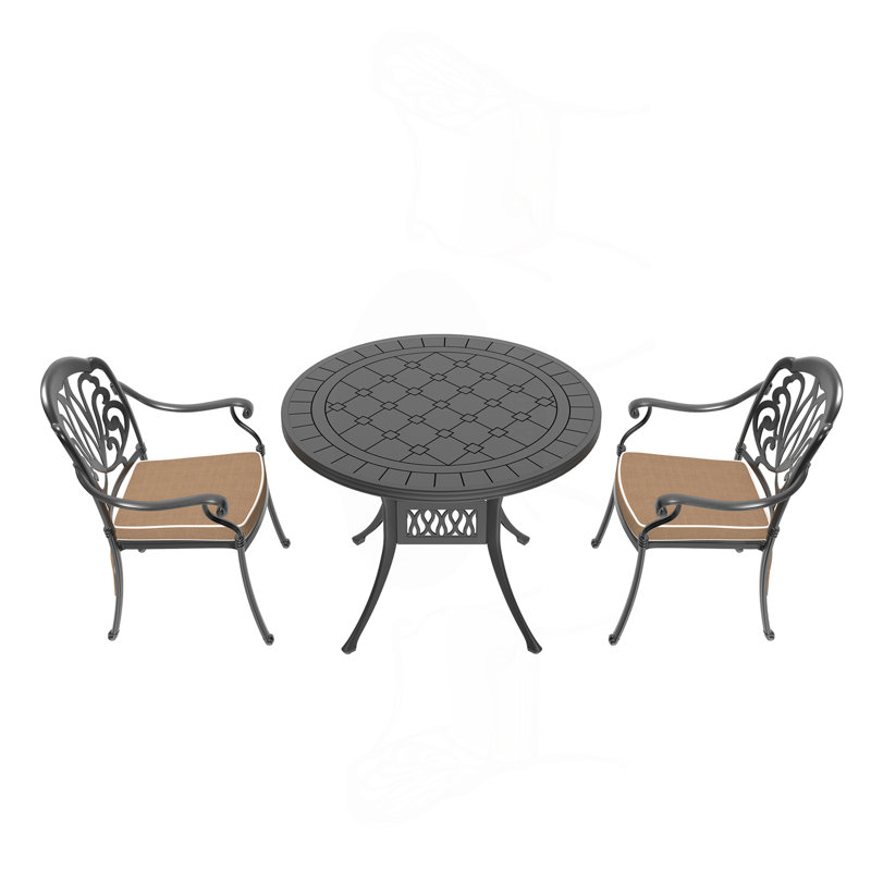 Ensemble de 3 meubles de patio en aluminium coulé avec coussins bruns, 2