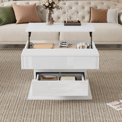 Table basse 27,5 po x 27,5 po x 17,7 po rotative à 360 °, 1 tiroir et rangement caché, panneau de particules blanc ultrabrillant pour le salon