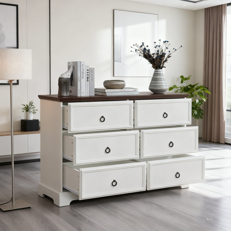 Commode 6 tiroirs en bois - Farmhouse, plateau rustique, glissières en métal lisse, Naturel
