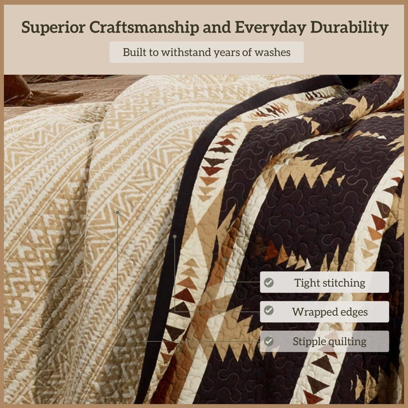 Yosemite Brown Tan White Aztec Print Southwestern Rustic Cotton Reversible Quilt Set, Full/Queen Quilt + 2 Standard Shams