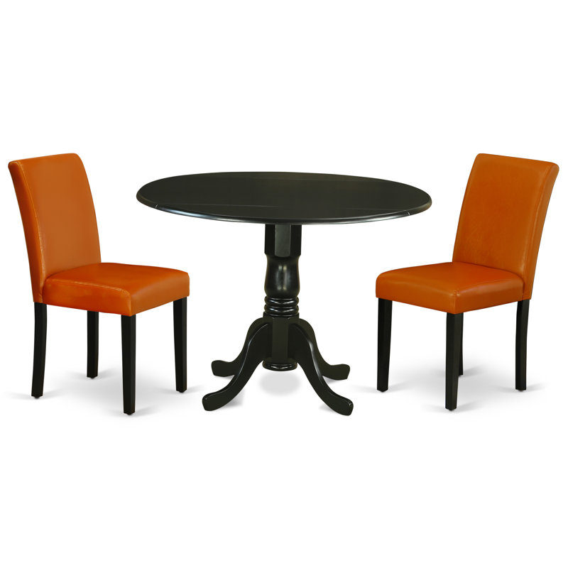 L'ensemble de table de cuisine 3 pièces comprend une table de salle à manger ronde avec Dropleaf et 2 chaises de salle à manger Parson en similicuir, 42 x 42 pouces, noir