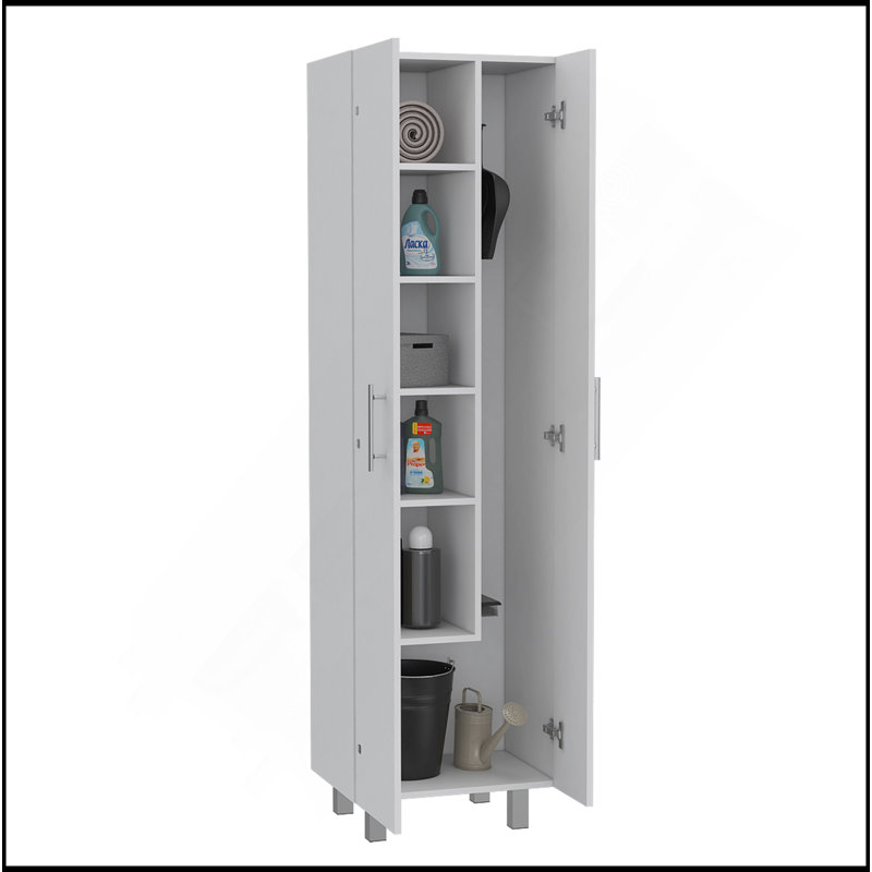 Armoire de nettoyage avec cinq tablettes et porte-balais, blanc, Blanc