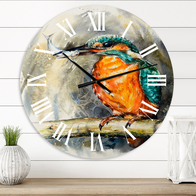 Martin-pêcheur d'Amérique mangeant un petit poisson - horloge murale traditionnelle, Extra Small