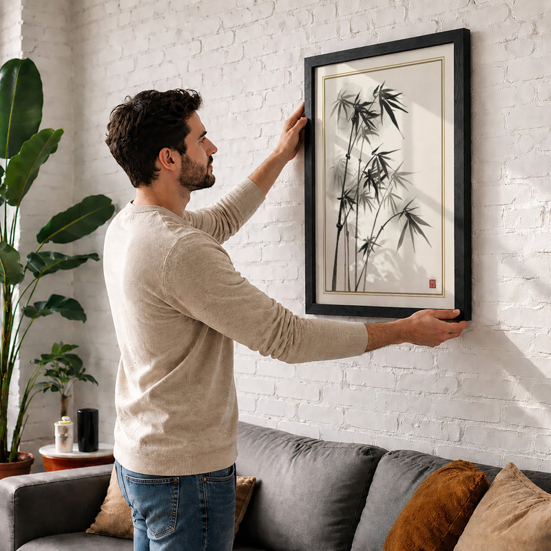 Bamboo in Ink Japandi - Framed Print, Black, A4 - 29.7 x 21.0 cm