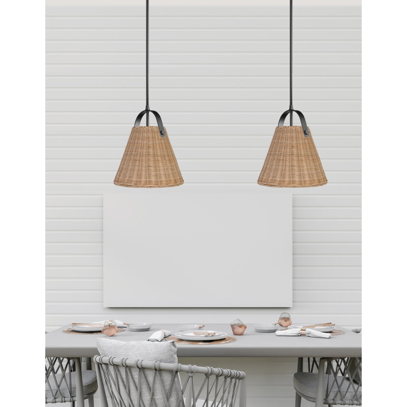 Matte Black Wicker Shade Pendant Light with Rattan