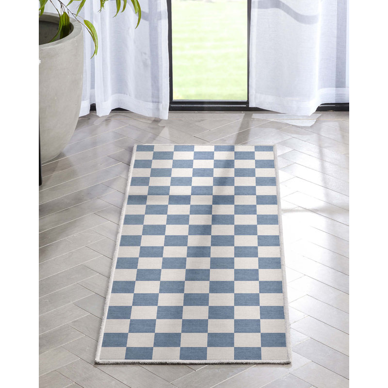 Kehr Square Modern Geometric Blue Flat-Weave Area Rug, Runner 2' x 5'