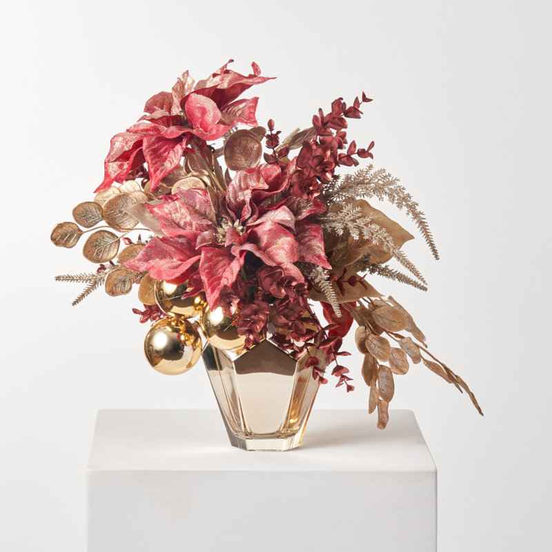 24 Karat Christmas - Gold Dust Poinsettia & Gold Ornament Ball Arrangement In Diamond Vase Holiday Centerpiece