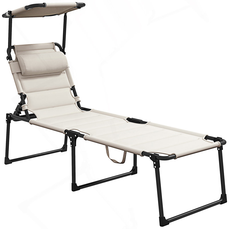 Outdoor Lounge Chair, Adjustable Backrest Folding Chaise Lounge, Cushioned Chair With Sunshade Roof & Pillow Headrest