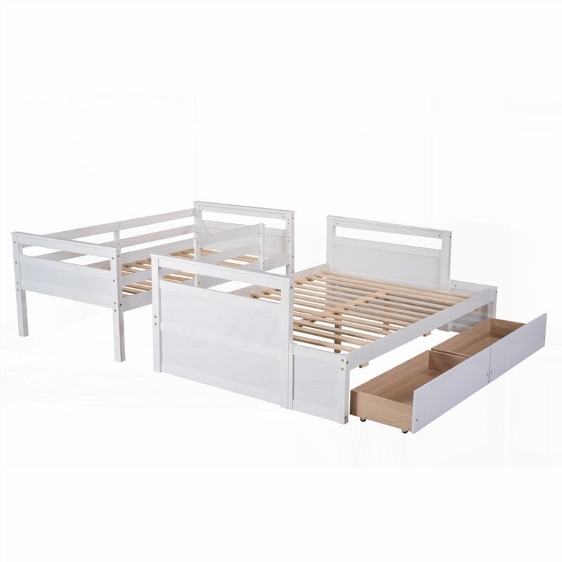Lit simple superposé au dessus d'un lit double avec rangement - peu encombrant Durable (blanc)