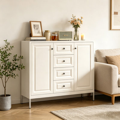 Buffet de rangement 40,16 po, armoire d'appoint autoportante avec 4 tiroirs et 2 portes, armoire à tablettes réglables pour le salon, la cuisine, le vestibule, le couloir et la salle de lavage (beige)