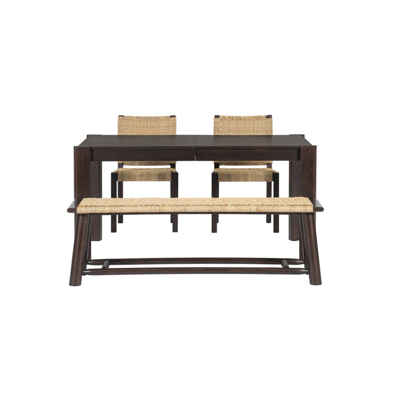Modern Farmhouse Extendable Dining Table Set with Solid Wood Rattan Chairs – Expandable 59" to 73" for 4-8 Guests, Walnut