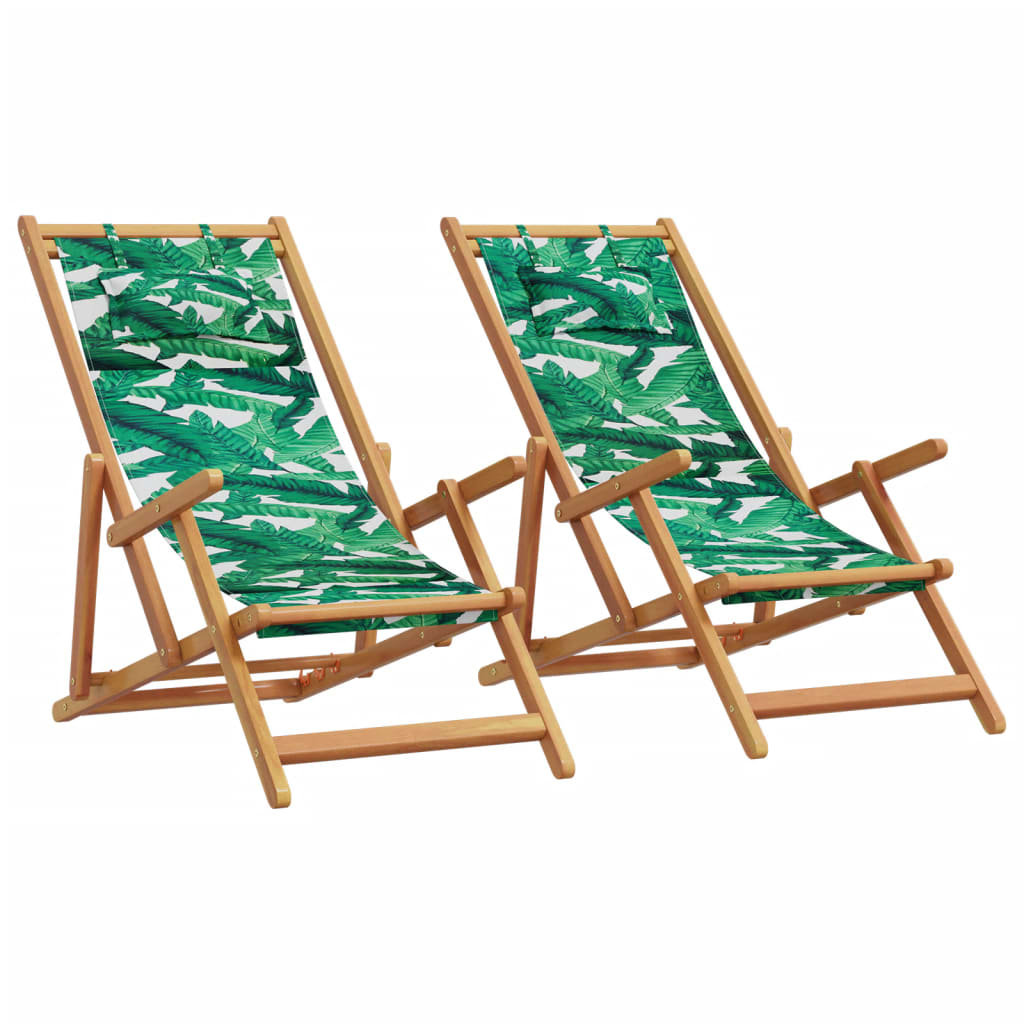Vidaxl Folding Beach Chairs 2 Pcs Leaf Pattern Fabric And Solid Wood - Green, Green - Image 3