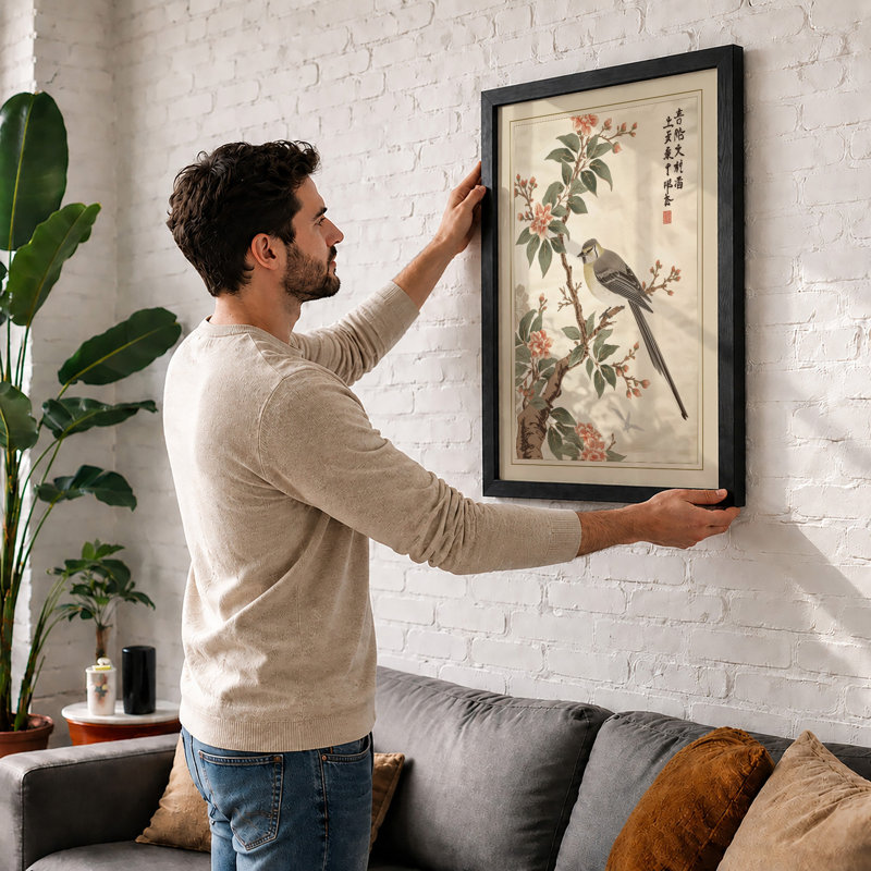 Bird Among Blossoms Japandi - Framed Print, A2 - 59.4 x 42.0 cm, Oak