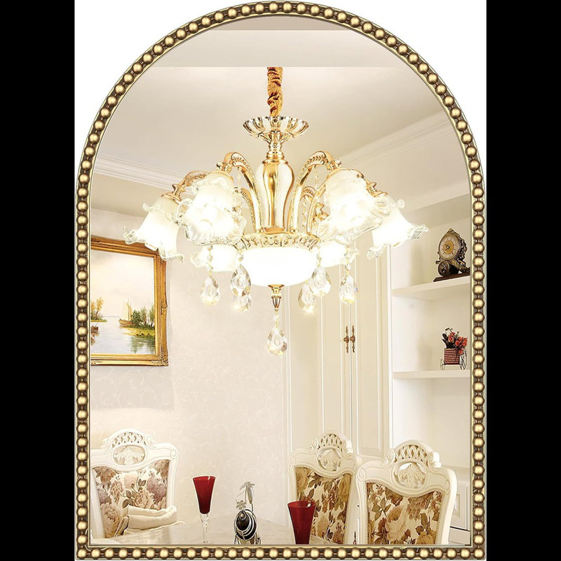 Gold Arched Metal Beaded Frame 22"x30" Vanity Mirror