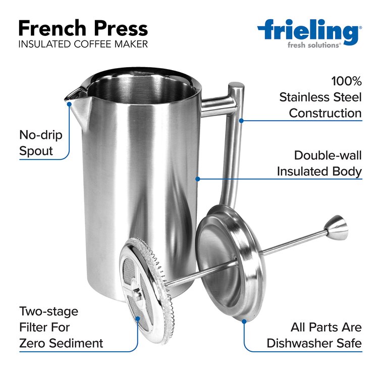 Frieling Double-Walled Stainless-Steel French Press Coffee Maker, Polished,  36 Ounces