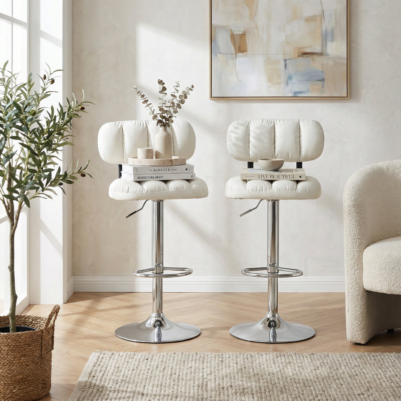 Ensemble de deux tabourets de bar modernes à hauteur réglable avec revêtement en similicuir et base chromée avec repose-pieds intégré pour îlots de cuisine et bars résidentiels