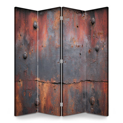 4 panneaux de paravent pliables Cloison en métal rouille royale orange gris foncé teint usé Steampunk Toile Séparateur de pièce Cloison de protection autoportante Cloison d'intimité