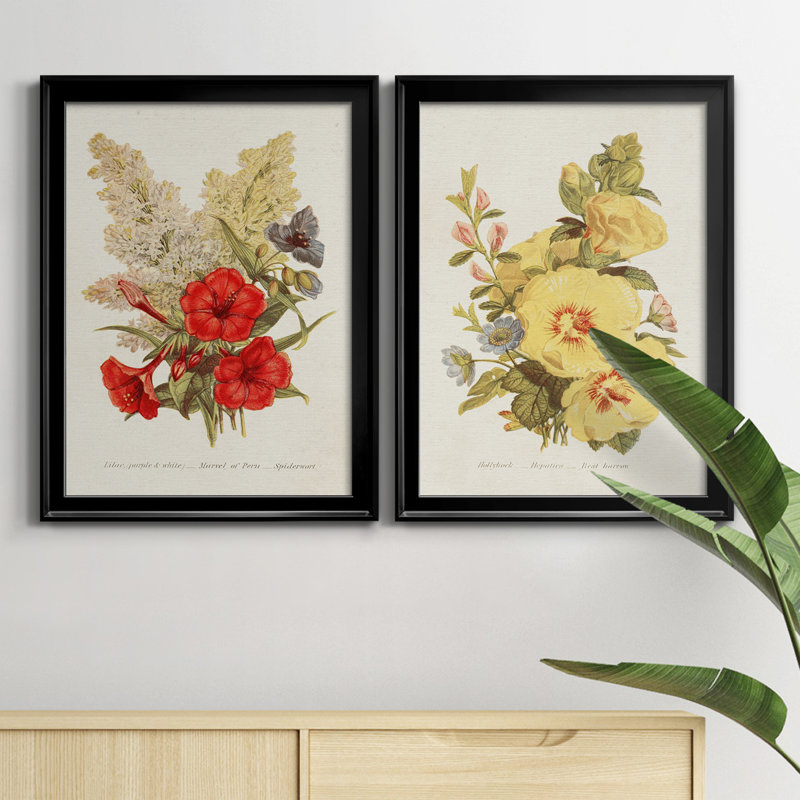 Antique Floral Bouquet V - Ensemble de 2 impressions sur toile encadrées, H 36,5 po x l 26,5 po x P 1,25 po, Cadre noir