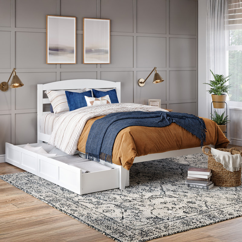 Elliana Solid Wood Platform Bed with Storage Drawers & Built-in Charging Station, Queen, White