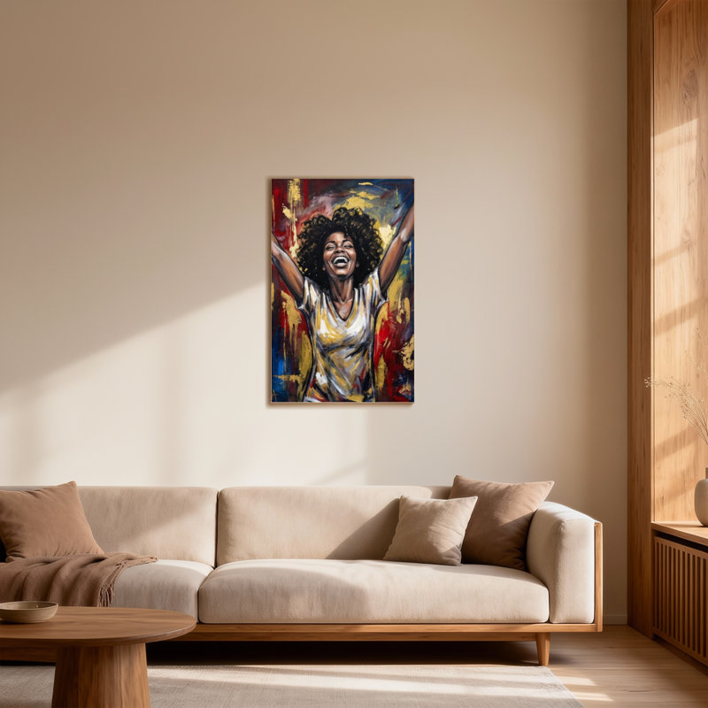 Abstrait femme joyeuse avec les bras levés et un fond vibrant, H 36 po x l 24 po