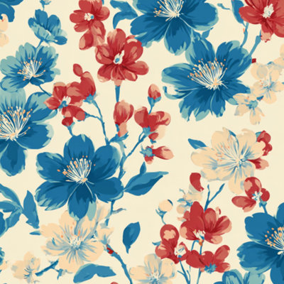 Papier peint adhésif repositionnable rouge et bleu, motif floral vintage, bouquet botanique, couleur crème, pour chambre, cuisine ou placards. Dimensions : 61 cm x 300 cm.
