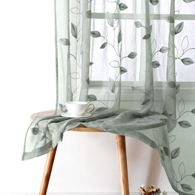 Sage Green Sheer Curtains 52 X 63 Inches Length 2 Panels Embroidered Leaf Pattern Pocket Faux Linen Floral Semi Sheer Voile Window Curtains/Drapes